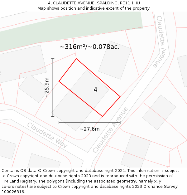 4, CLAUDETTE AVENUE, SPALDING, PE11 1HU: Plot and title map