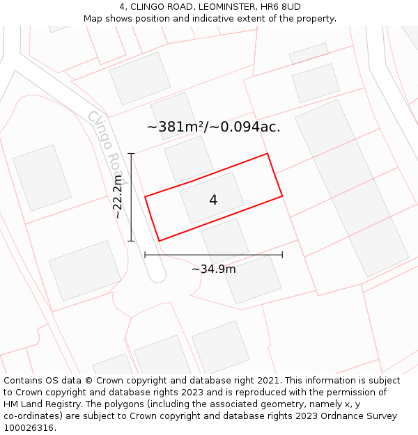 4, CLINGO ROAD, LEOMINSTER, HR6 8UD: Plot and title map
