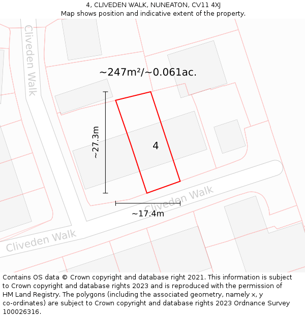 4, CLIVEDEN WALK, NUNEATON, CV11 4XJ: Plot and title map