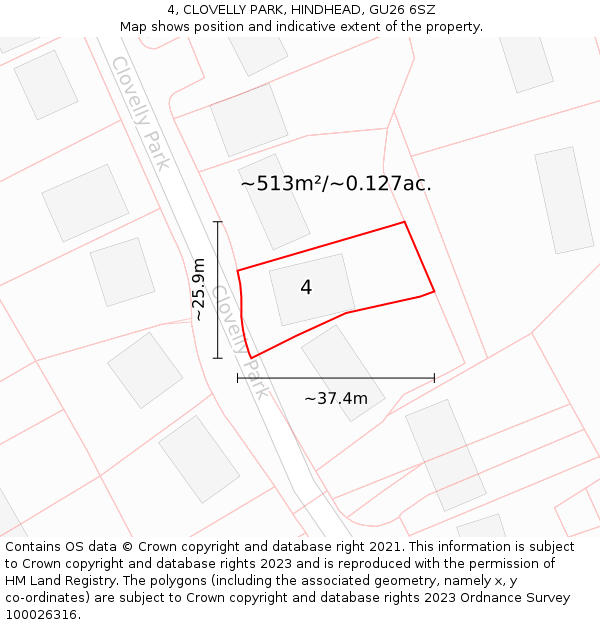 4, CLOVELLY PARK, HINDHEAD, GU26 6SZ: Plot and title map