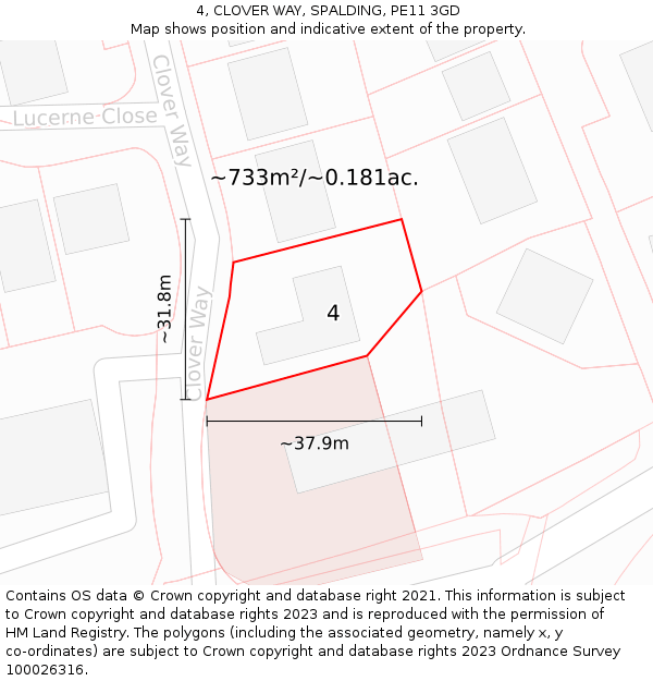 4, CLOVER WAY, SPALDING, PE11 3GD: Plot and title map