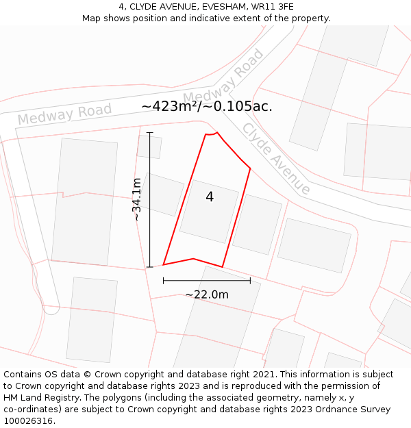 4, CLYDE AVENUE, EVESHAM, WR11 3FE: Plot and title map