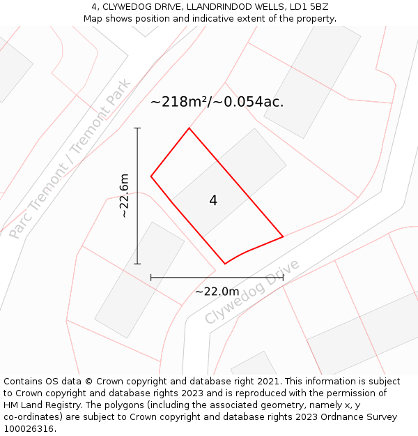 4, CLYWEDOG DRIVE, LLANDRINDOD WELLS, LD1 5BZ: Plot and title map