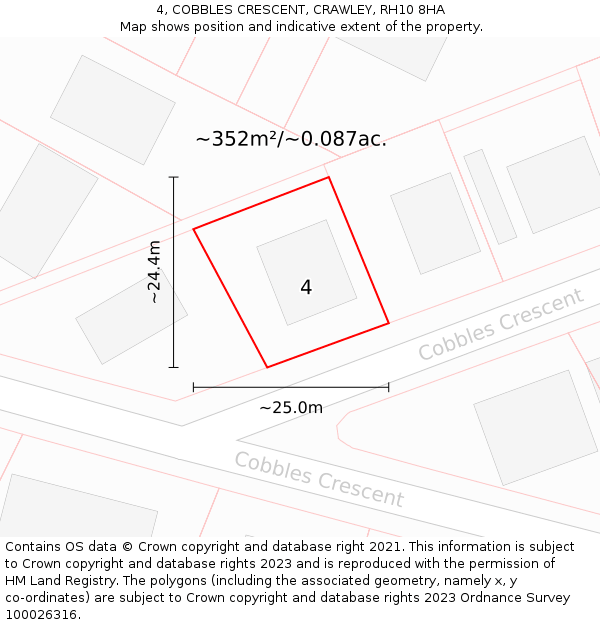 4, COBBLES CRESCENT, CRAWLEY, RH10 8HA: Plot and title map