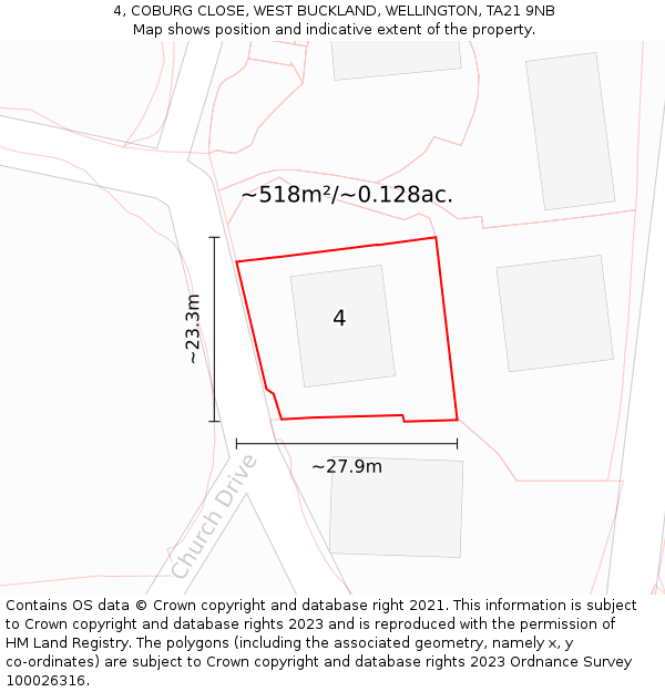 4, COBURG CLOSE, WEST BUCKLAND, WELLINGTON, TA21 9NB: Plot and title map