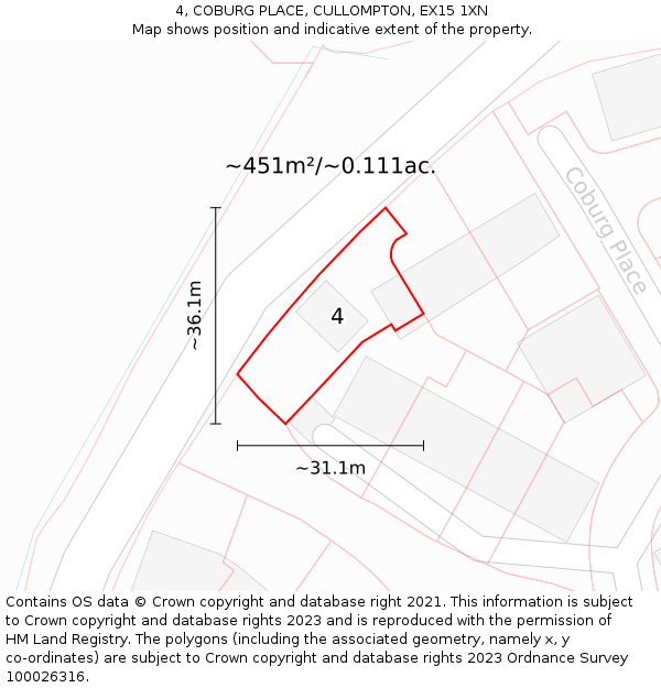 4, COBURG PLACE, CULLOMPTON, EX15 1XN: Plot and title map