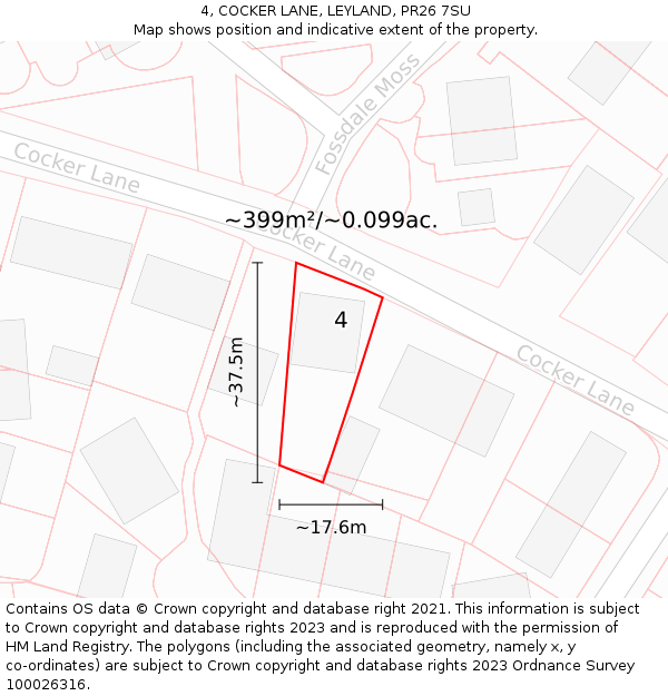 4, COCKER LANE, LEYLAND, PR26 7SU: Plot and title map