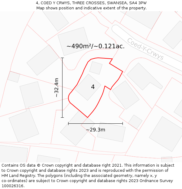 4, COED Y CRWYS, THREE CROSSES, SWANSEA, SA4 3PW: Plot and title map