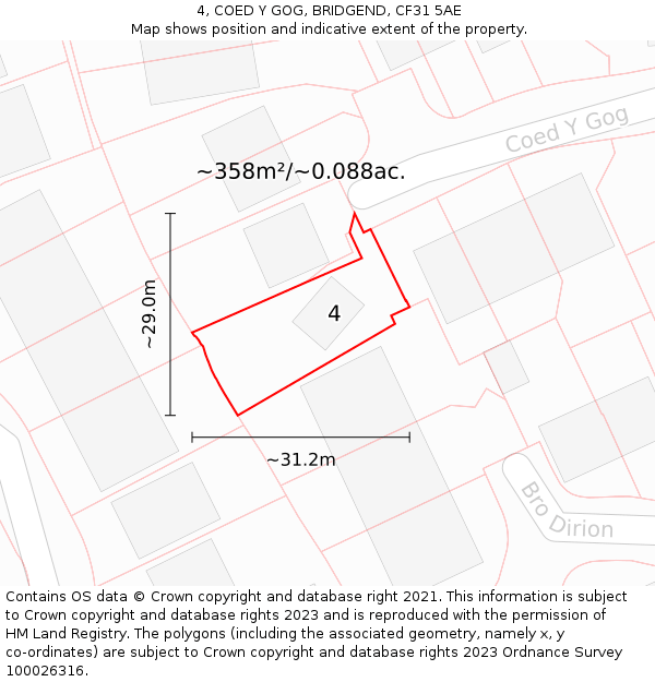 4, COED Y GOG, BRIDGEND, CF31 5AE: Plot and title map