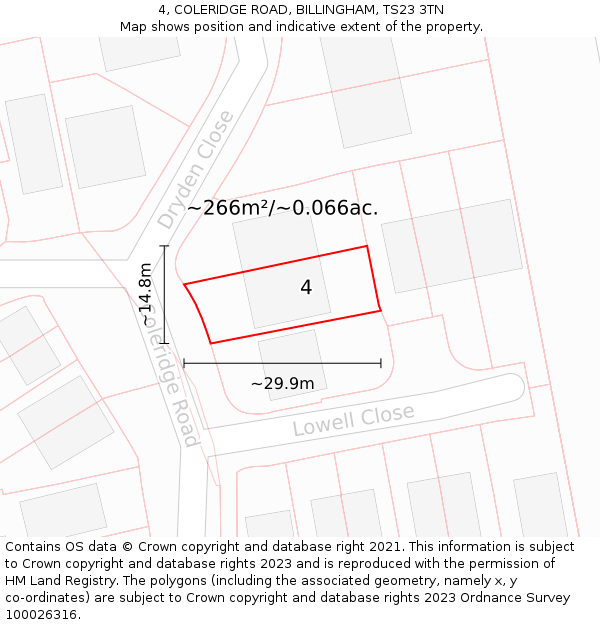 4, COLERIDGE ROAD, BILLINGHAM, TS23 3TN: Plot and title map