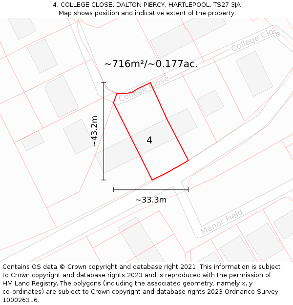 4, COLLEGE CLOSE, DALTON PIERCY, HARTLEPOOL, TS27 3JA: Plot and title map