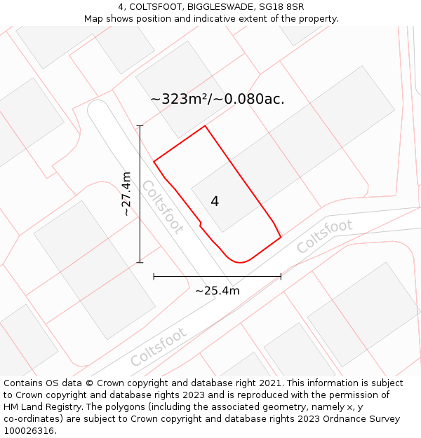 4, COLTSFOOT, BIGGLESWADE, SG18 8SR: Plot and title map