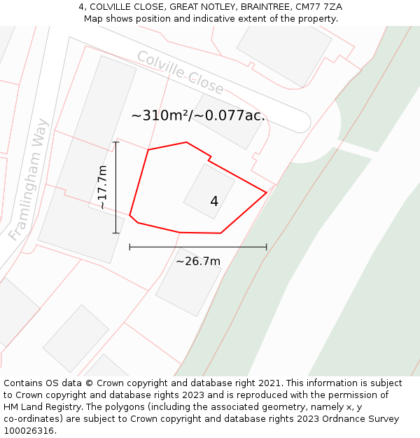 4, COLVILLE CLOSE, GREAT NOTLEY, BRAINTREE, CM77 7ZA: Plot and title map