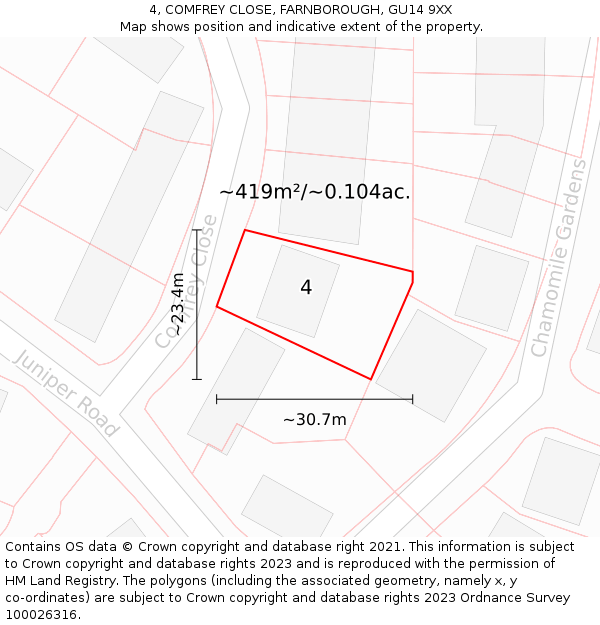 4, COMFREY CLOSE, FARNBOROUGH, GU14 9XX: Plot and title map