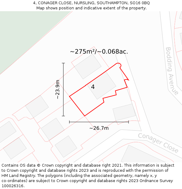 4, CONAGER CLOSE, NURSLING, SOUTHAMPTON, SO16 0BQ: Plot and title map