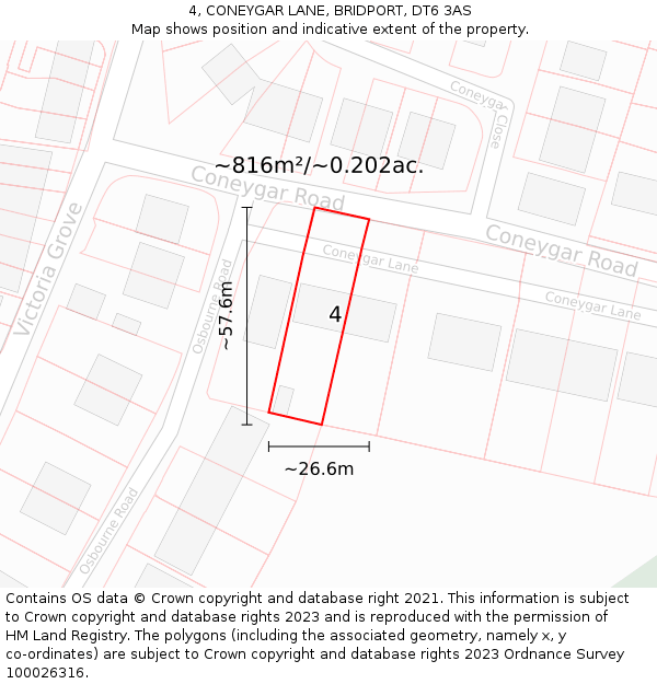 4, CONEYGAR LANE, BRIDPORT, DT6 3AS: Plot and title map