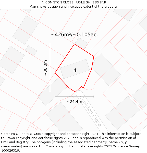 4, CONISTON CLOSE, RAYLEIGH, SS6 8NP: Plot and title map