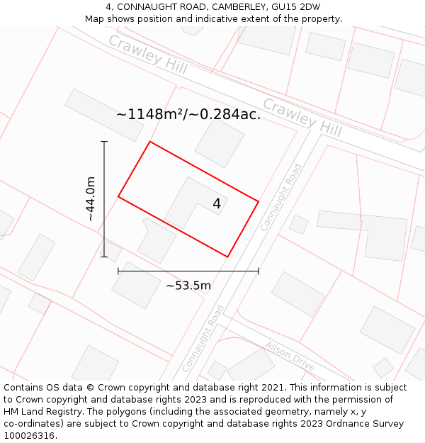 4, CONNAUGHT ROAD, CAMBERLEY, GU15 2DW: Plot and title map