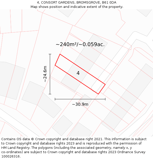 4, CONSORT GARDENS, BROMSGROVE, B61 0DA: Plot and title map