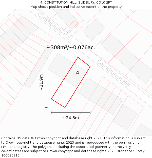 4, CONSTITUTION HILL, SUDBURY, CO10 2PT: Plot and title map