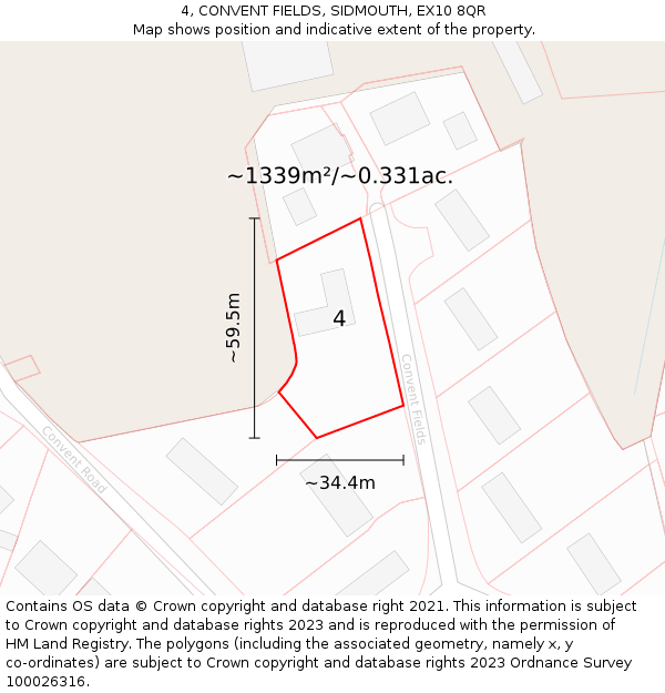 4, CONVENT FIELDS, SIDMOUTH, EX10 8QR: Plot and title map