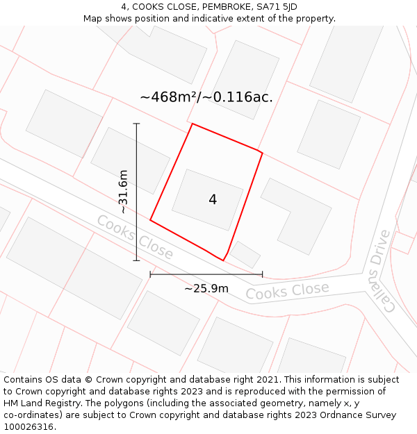 4, COOKS CLOSE, PEMBROKE, SA71 5JD: Plot and title map