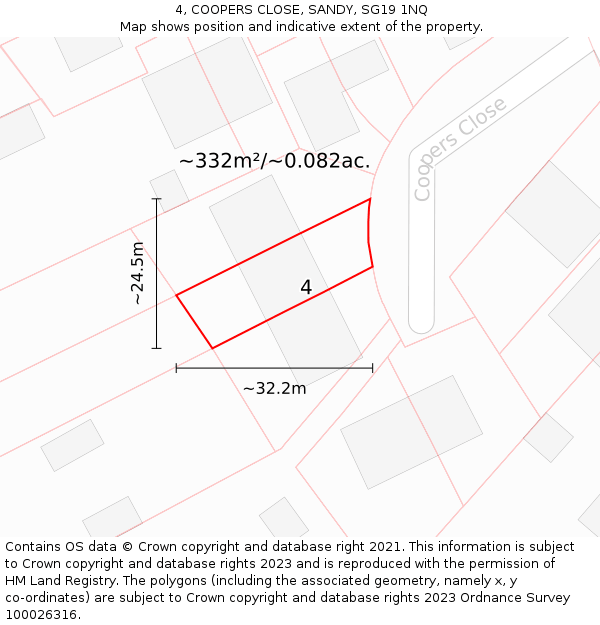 4, COOPERS CLOSE, SANDY, SG19 1NQ: Plot and title map