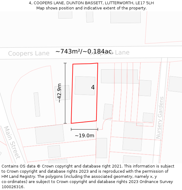 4, COOPERS LANE, DUNTON BASSETT, LUTTERWORTH, LE17 5LH: Plot and title map