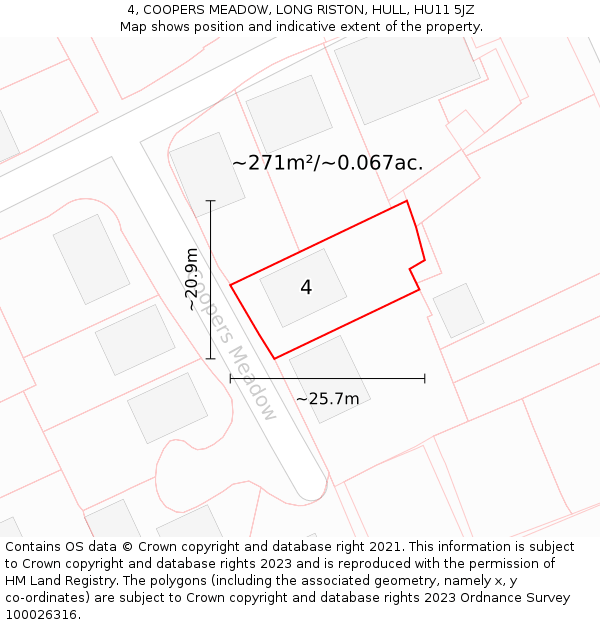 4, COOPERS MEADOW, LONG RISTON, HULL, HU11 5JZ: Plot and title map