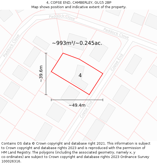 4, COPSE END, CAMBERLEY, GU15 2BP: Plot and title map