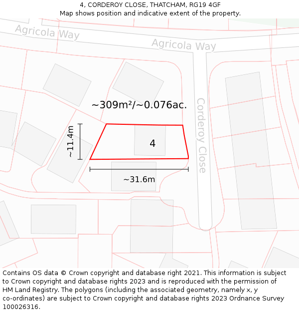 4, CORDEROY CLOSE, THATCHAM, RG19 4GF: Plot and title map