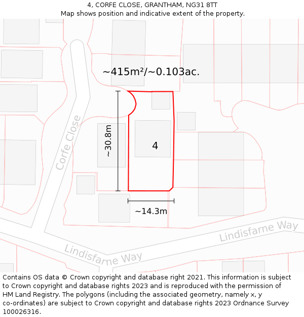 4, CORFE CLOSE, GRANTHAM, NG31 8TT: Plot and title map