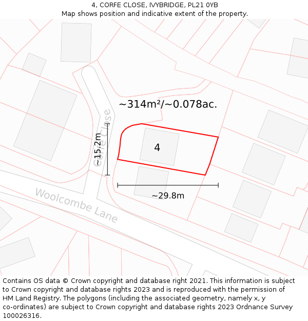 4, CORFE CLOSE, IVYBRIDGE, PL21 0YB: Plot and title map