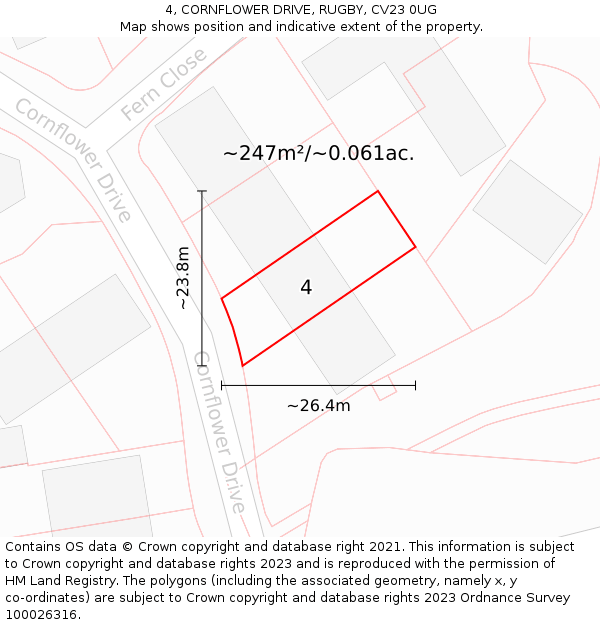 4, CORNFLOWER DRIVE, RUGBY, CV23 0UG: Plot and title map