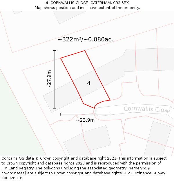 4, CORNWALLIS CLOSE, CATERHAM, CR3 5BX: Plot and title map