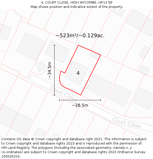 4, COURT CLOSE, HIGH WYCOMBE, HP13 5JF: Plot and title map