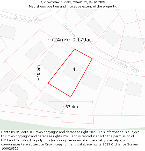 4, COWDRAY CLOSE, CRAWLEY, RH10 7BW: Plot and title map