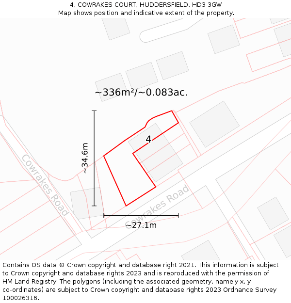 4, COWRAKES COURT, HUDDERSFIELD, HD3 3GW: Plot and title map