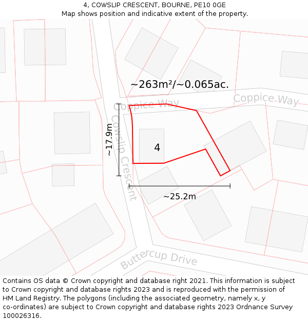 4, COWSLIP CRESCENT, BOURNE, PE10 0GE: Plot and title map