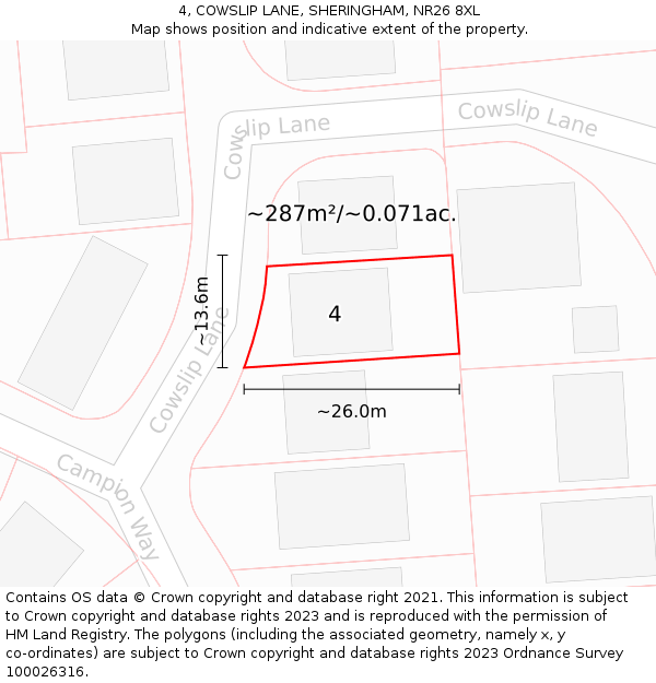 4, COWSLIP LANE, SHERINGHAM, NR26 8XL: Plot and title map