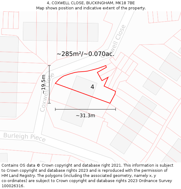 4, COXWELL CLOSE, BUCKINGHAM, MK18 7BE: Plot and title map