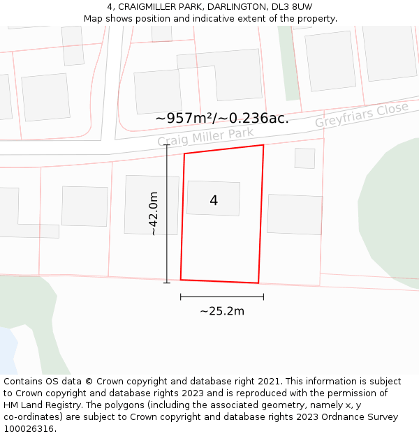 4, CRAIGMILLER PARK, DARLINGTON, DL3 8UW: Plot and title map