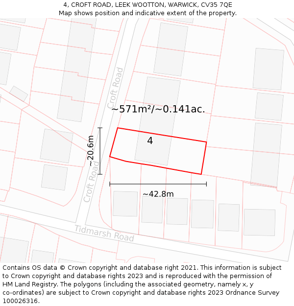 4, CROFT ROAD, LEEK WOOTTON, WARWICK, CV35 7QE: Plot and title map