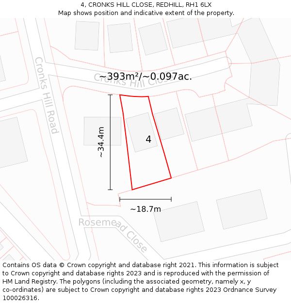 4, CRONKS HILL CLOSE, REDHILL, RH1 6LX: Plot and title map