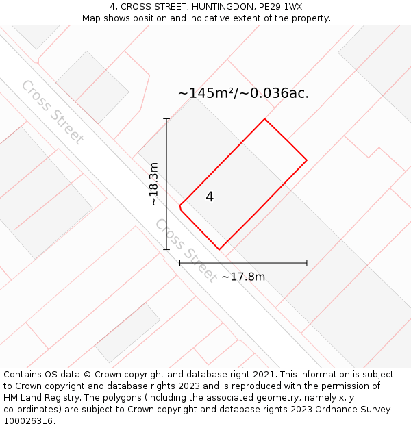 4, CROSS STREET, HUNTINGDON, PE29 1WX: Plot and title map