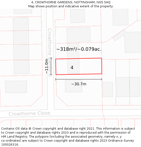 4, CROWTHORNE GARDENS, NOTTINGHAM, NG5 5AQ: Plot and title map