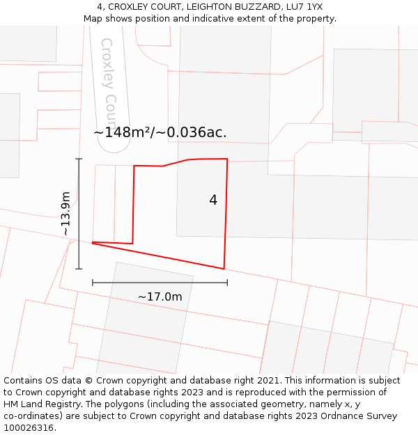 4, CROXLEY COURT, LEIGHTON BUZZARD, LU7 1YX: Plot and title map