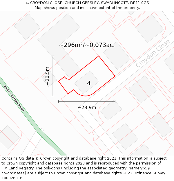 4, CROYDON CLOSE, CHURCH GRESLEY, SWADLINCOTE, DE11 9GS: Plot and title map