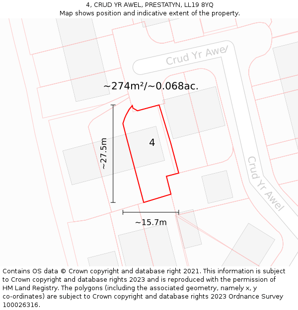 4, CRUD YR AWEL, PRESTATYN, LL19 8YQ: Plot and title map