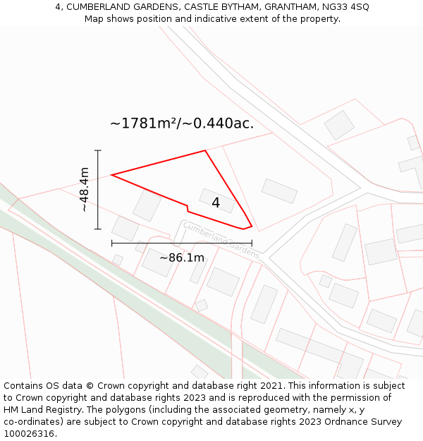 4, CUMBERLAND GARDENS, CASTLE BYTHAM, GRANTHAM, NG33 4SQ: Plot and title map